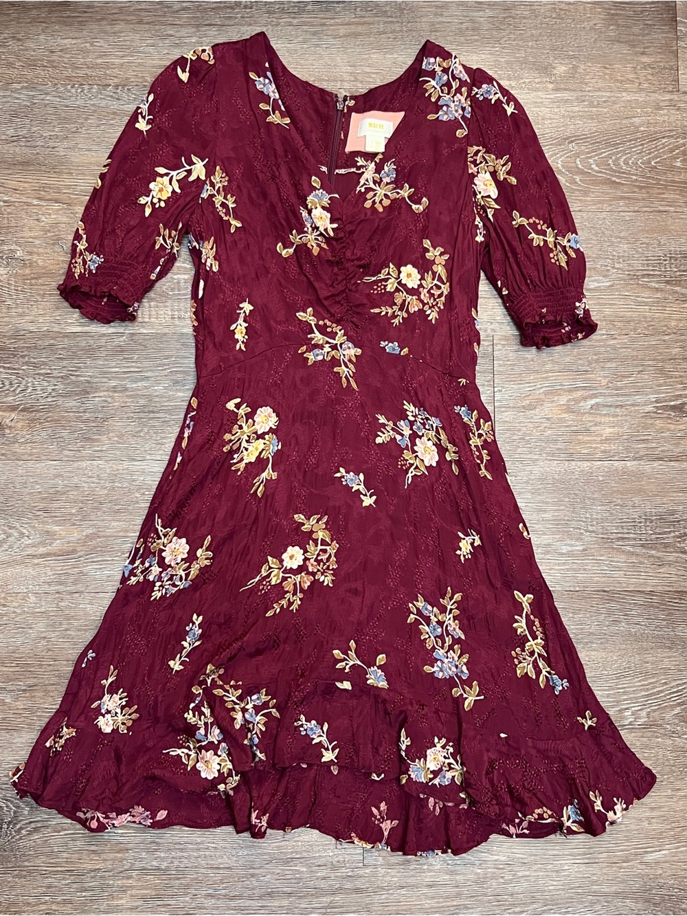 Maeve Anthropologie Burgundy Floral Fit Flare Mini Dress Puff Sleeve | Size: 6